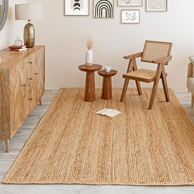 HOMEMONDE Handcrafted Woven Rectangle Jute Area Rug 4'x6' - Rustic Vintage Braided Reversible Farmhouse Indoor Floor Rug - Eco Friendly for Kitchen/Hallway/Living Room/Bedroom (Natural)