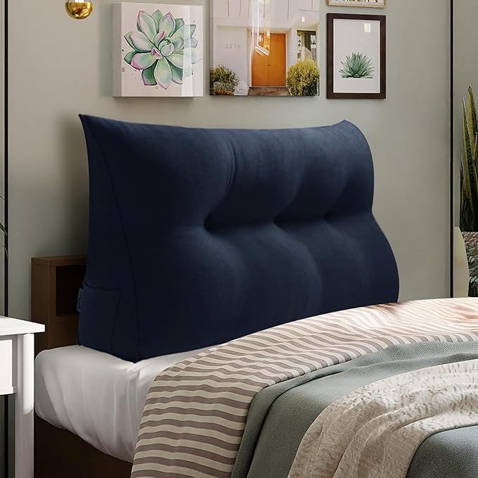 WOWMAX 80% Cotton & 20% Linen Blend Headboard Pillow – Twin Size Reading Wedge Backrest for Bed, Handmade Firm Support Bolster Cushion with Removable Cover, Premium Bed Rest Pillow, Blue