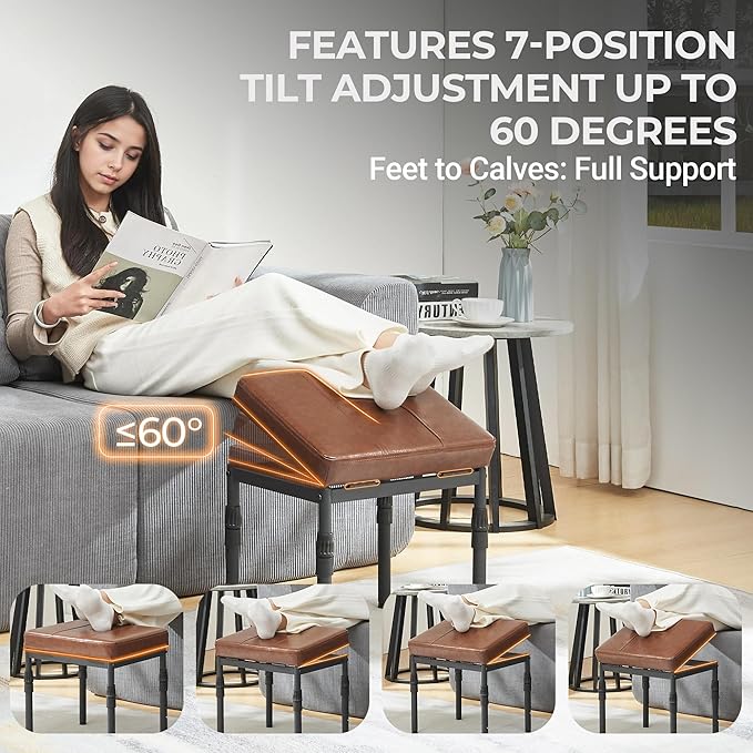 Adjustable Ottoman Pouf, 4 Height Position & 60 Degree Tilt Angle Synthetic Leather Ottomans Foot Stools Stool Pouffe FootStool Under Desk for Living Room Home Office(Brown Synthetic Leather)