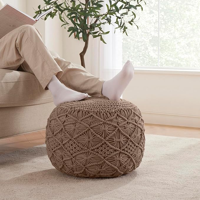 Ornavo Home Pouf Ottoman Foot Rest - 100% Cotton Pouffe - Hand Knitted Macrame Braid - Boho Round Stuffed Ottoman for Living Room, Bedroom - Taupe/Brown