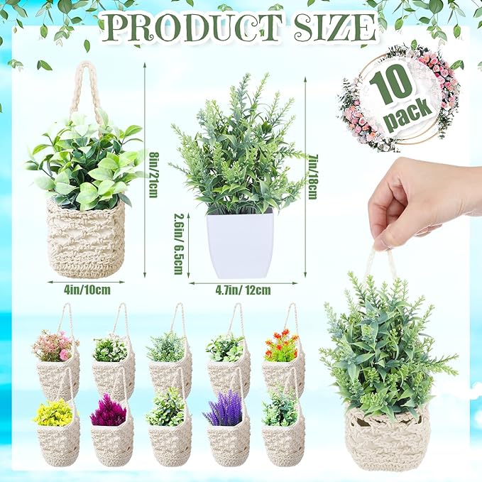 10 Pack Macrame Wall Plant Hanger with Artificial Pot Flower - Boho Wall Hanging Planter for Indoor Plant Cotton Rope Holder with Mini Fake Pot Flower for Home Wedding Decor Gift(Beige White)
