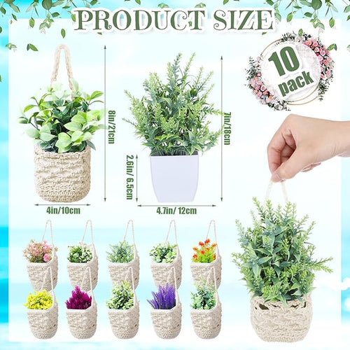 10 Pack Macrame Wall Plant Hanger with Artificial Pot Flower - Boho Wall Hanging Planter for Indoor Plant Cotton Rope Holder with Mini Fake Pot Flower for Home Wedding Decor Gift(Beige White)