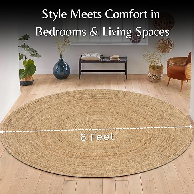 Ramanta Home Jute Braided Rug 6 Ft Round – Large Natural Farmhouse Area Rug, Handwoven Reversible Carpet for Living & Dinning Room, Bedroom, Kitchen, Nursery, Entryway – Boho Coastal Neutral Floor Mat