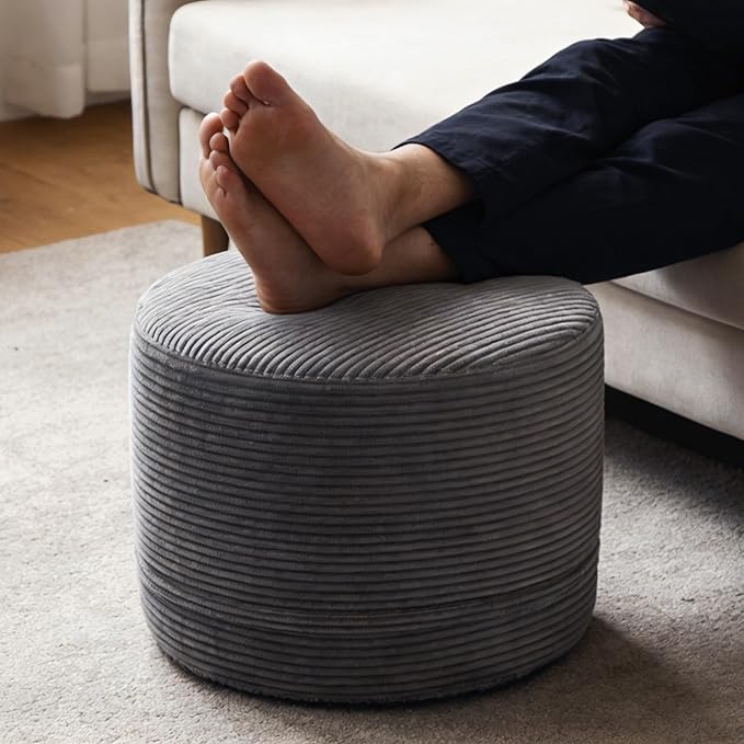 Thgonwid Corduroy Stuffed Round Pouf Ottoman, Foot Stool with One-Piece Cut High-Density Memory Foam, Furry and Fluffy Footstool, Compact Pouf Footrest for Living Room Bedroom, 17"x13", Deep Grey