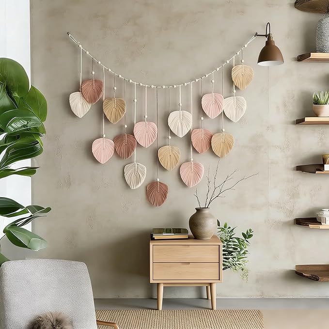M MANUAL Macrame Leaves Wall Hanging 47.3x29.5Inch Large Chic Feather Boho Macrame Wall Decor Leaf Hanging Photo Display Handmade Woven Wall Art 16pcs Leaf Tapestry - Pink