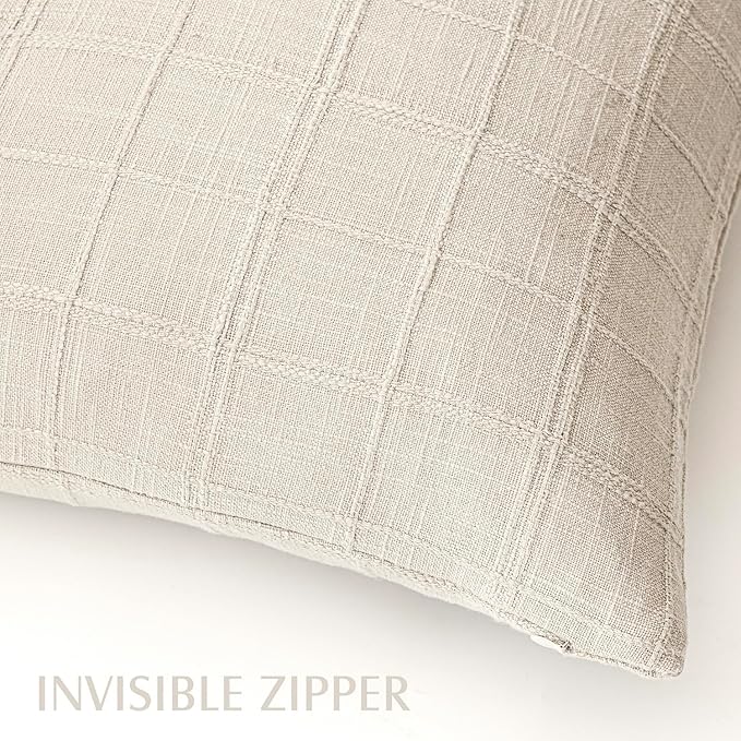 Foindtower Set of 2 Decorative Linen Check Throw Pillow Covers Neutral Farmhouse Vintage Cushion Covers Modern Boho Home Decor for Sofa Chair Couch Bedroom Living Room,24×24 Inch,Natural Beige