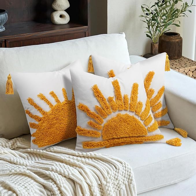 Adabana Boho Decorative Throw Pillow Covers 18x18 Tufted Yellow Sun Sunshine Pillow Cover for Bedroom Living Room Bed Sofa