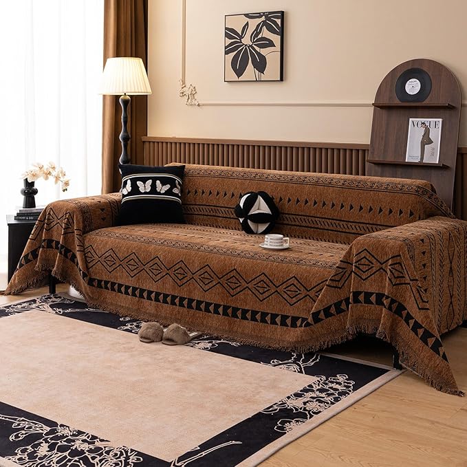 VClife Bohemian Couch Cover for Dog, Plush Thick Chenille Aztec Couch Cover for 3-4 Cushion Couch Sofa Pet Friendly Sofa Slipcover with Tassel 71"X150"