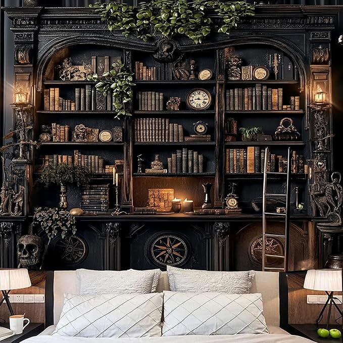 TUGCAY Vintage Bookshelf Tapestry, Medieval Gothic Bookcase Tapestry Spooky Library Tapestries Book Skull Backdrop for Bedroom Living Room Dorm Office Wall Decor 80’’ x 60’’