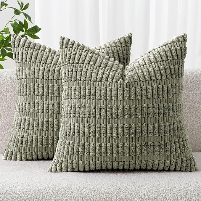 MIULEE Pack of 2 Corduroy Decorative Euro Sham Throw Pillow Covers 24x24 Inch Soft Boho Striped Pillow Covers Modern Farmhouse Home Decor for Summer Sofa Living Room Couch Bed Light Olive Green