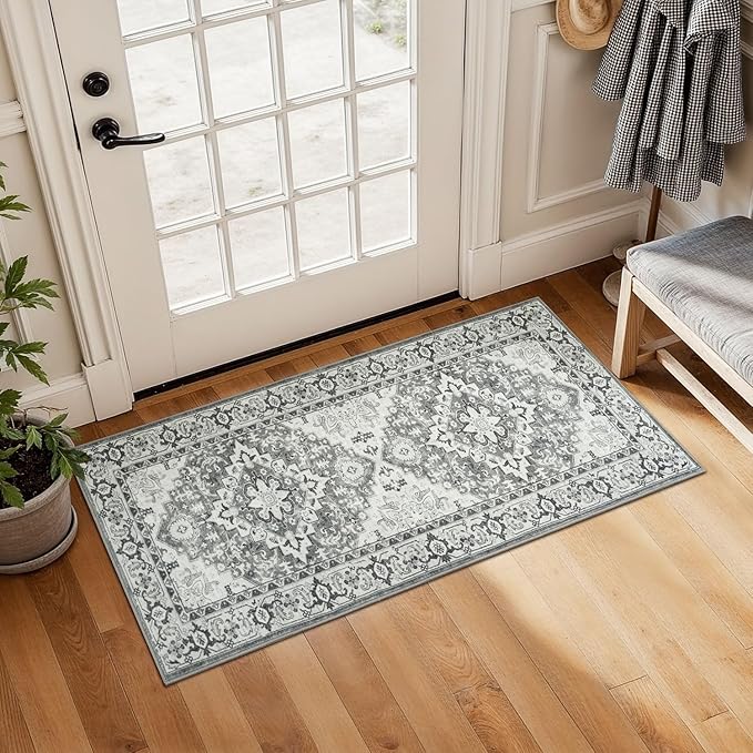 Lessymo 2 x 4 Entryway Rug, Machine Washable Area Rugs Boho Faux Wool Low Pile Area Rug for Bedroom, Floral Medallion Vintage Outdoor Rugs with Non-Slip Rubber, Grey Beige