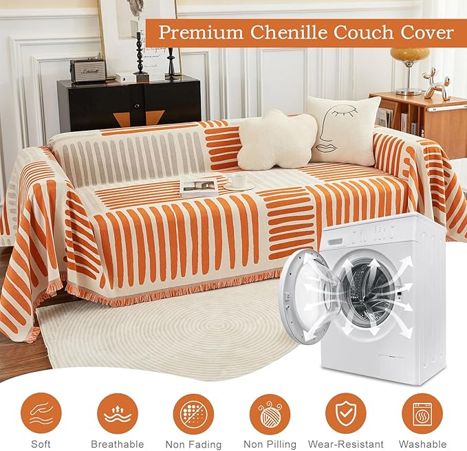 ROOMLIFE Chenille Couch Cover Minimalist Anti-cat Scratch Soft Chenille Sofa Towel Blanket Four Season Use Dust-Proof Sofa Towel Blanket,Pet Furniture Protector, Orange 71"x150"
