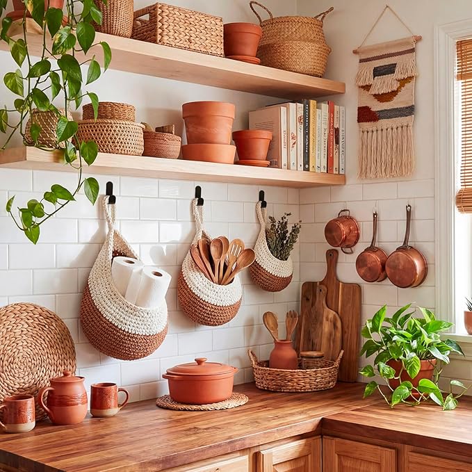 Honeydak Boho Decor Hanging Wall Baskets for Kitchen 3 Pack Teardrop Baskets with Hooks Storage Fruit Onion Vegetable Potato for Home 3 Sizes(White and Beige,Teardrop,Cotton Rope)