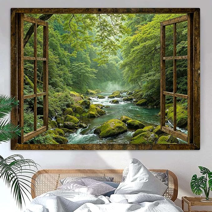 Accnicc Window Forest Tapestry Green Nature Jungle Wall Tapestry for Bedroom Aesthetic Rainforest Stream Outdoor Landscape Small Tapestries Wall Hanging for Dorm Living Room Decor 48 x 36 Inch