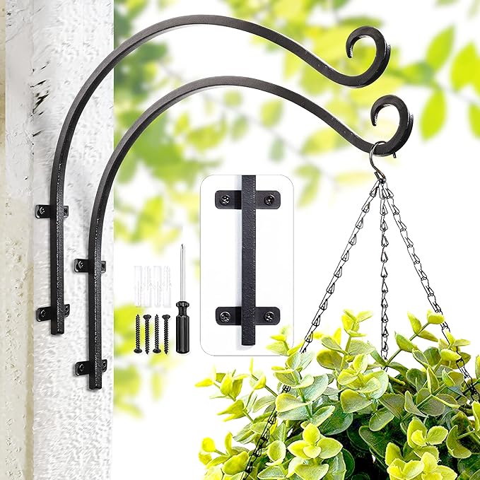 Heavy Duty Hanging Plant Bracket: 50lbs Weight Capacity - Bird Feeder Hangers 2 Packs, 12-Inch Black Metal Plant Bracket Wall Hook for Birdhouse, Wind Chimes, Lanterns, Easy to Install