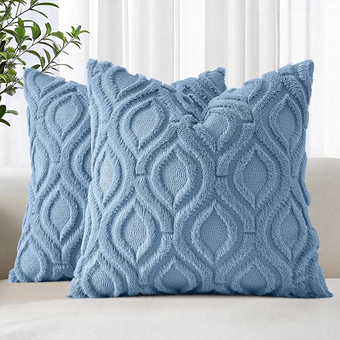 decorUhome Cozy Textured Euro Sham Throw Pillow Covers 26x26 Inch Set of 2, Soft Plush Faux Wool Blue Accent Couch Pillow Covers for Modern Farmhouse Sofa Bed Living Room