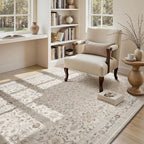 MontVoo-Vintage Area Rug 4X6 Beige Rugs for Living Room-Soft Distressed Printed Rugs for Bedroom-Non Slip Carpet-Machine Washable Rug for Dining Room Living Room Bedside Office