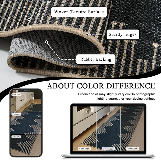 LIVEBOX No Shed Jute Runner Rugs for Hallway 2x10, Black and Tan Non Slip Washable Rug Runner, Bohemmian Extra Long Runners Rugs for Hallways, Ultra Thin Farmhouse Kitchen Rug for Hardwood Floor