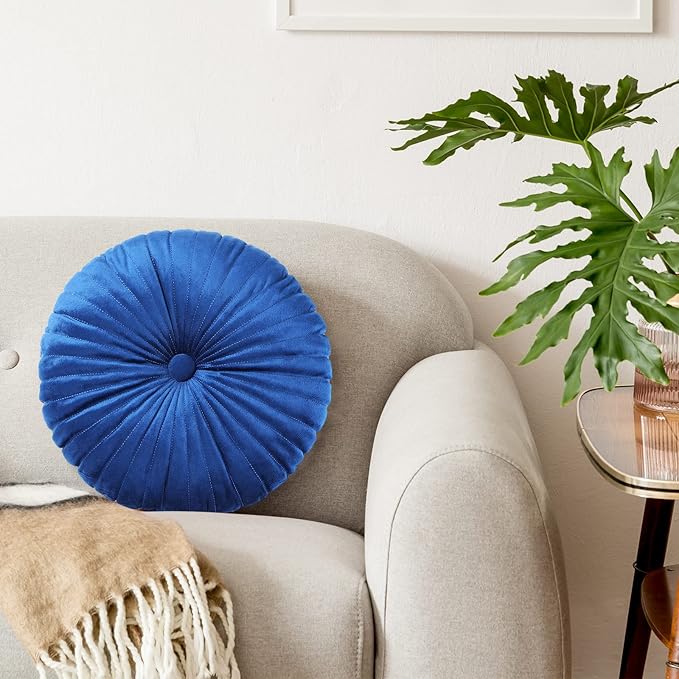 Namalu 2 Pcs Round Throw Pillow 13.8 Inch Decorative Round Velvet Floor Pillows Pumpkin Throw Pillows with Center Button for Thanksgiving Home Decor Living Room Sofa Couch Bed Chair (Navy Blue)