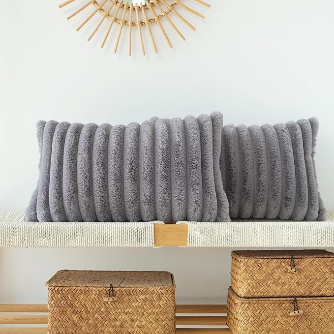 JOJUSIS Pack of 2 Faux Fur Plush Decorative Throw Pillow Covers Couch Cushion Case Soft Pillowcases (Grey, 12 x 20-Inch)