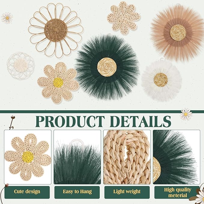Chunful 7 Pcs Boho Wall Basket Decor Rattan Flower Wall Decor Nursery Daisy Flower Woven Macrame Hanging Flowers for Baby Kids Girls Farmhouse Bedrooms Living Rooms Kitchen Home(Emerald Green)