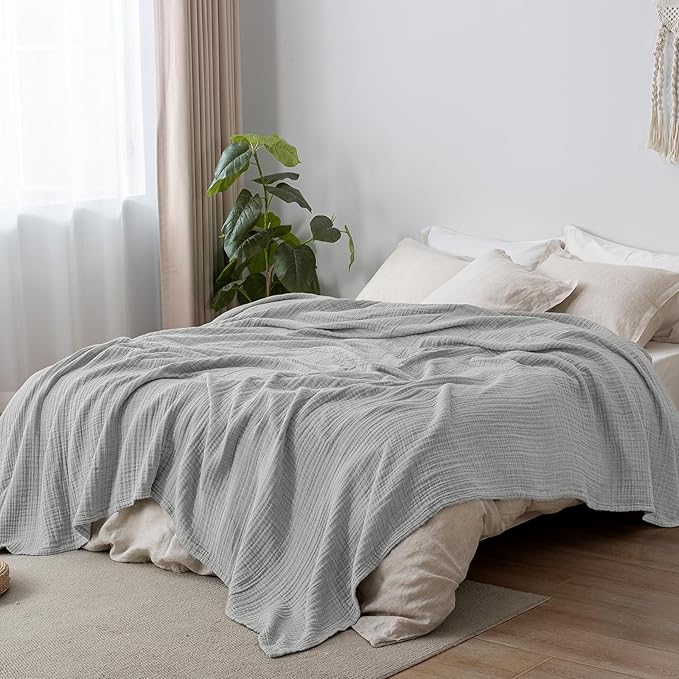 PHF 100% Cotton Muslin Blanket King Size 108"x90", 4-Layer Lightweight Gauze Throw, Breathable Cloud-Soft Minimalist Blanket for Bed, Couch, Camping & Baby, Light Grey, Ideal Gift