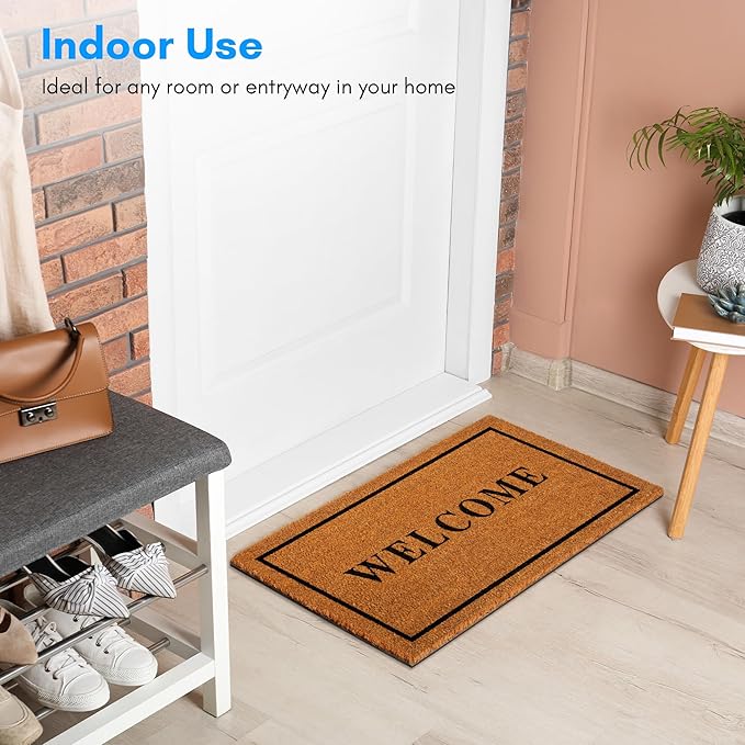 PLUS Haven Coco Coir Door Mat with Heavy Duty Backing, Welcome Doormat, 17.5”x30” Size, Easy to Clean Entry Mat, Beautiful Color and Sizing for Outdoor and Indoor uses, Home Décor