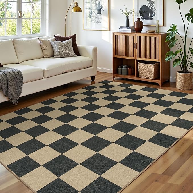 Lessymo Living Room Area Rug 5x7, Checkered Washable Easy Jute Outdoor Patio Rug, Non Shed Carpet for Dining Room Bedroom, Kids & Pets Friendly, Diamond Black/Beige
