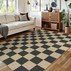 Lessymo Living Room Area Rug 5x7, Checkered Washable Easy Jute Outdoor Patio Rug, Non Shed Carpet for Dining Room Bedroom, Kids & Pets Friendly, Diamond Black/Beige