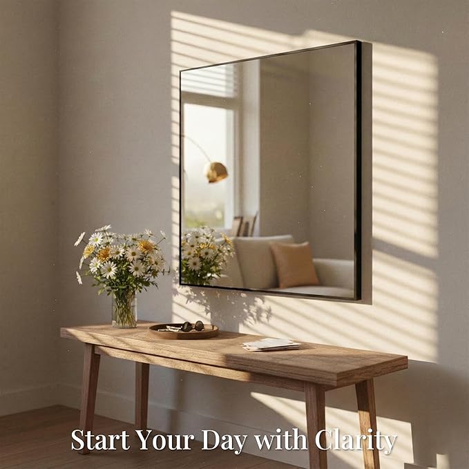 30''x30'' Square Black Bathroom Mirror, Matte Metal Framed Wall Mirror, Modern Geometric Vanity Mirror for Double Sink, Farmhouse Decor, Flush Mount