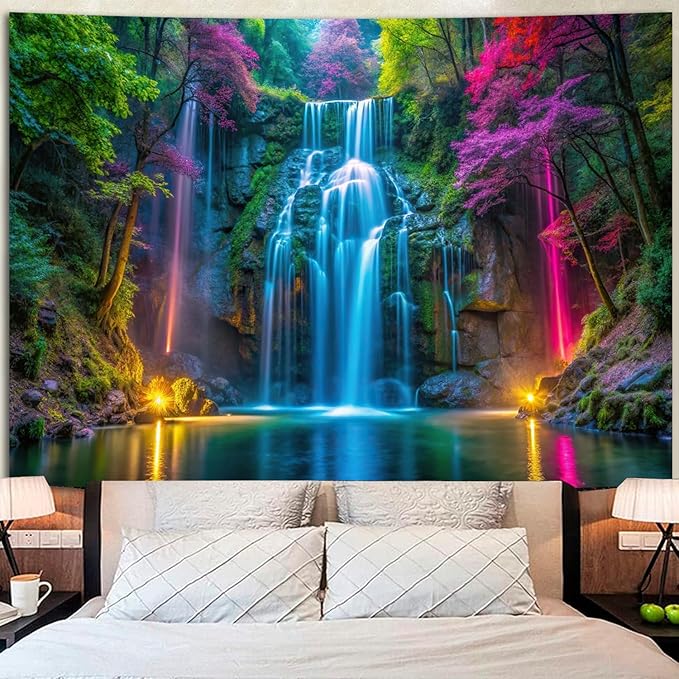 Miytal Blacklight Waterfall Tapestry - UV Reactive Glow in the Dark Neon Forest Wall Hanging, Vibrant Nature Landscape Wonderland for Bedroom, Living Room Decor - 70.9" x 118.1"