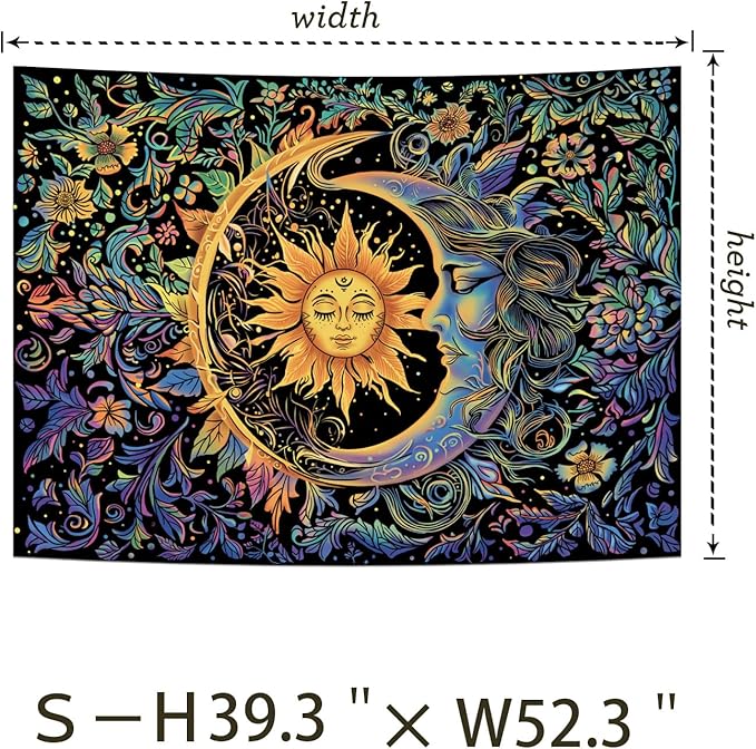 Sun and Moon Tapestry Psychedelic Mystic Floral Tapestry Hippie Boho Flower Plants Wall Tapestries Vintage Aesthetic Tapestries Wall Hanging for Bedroom