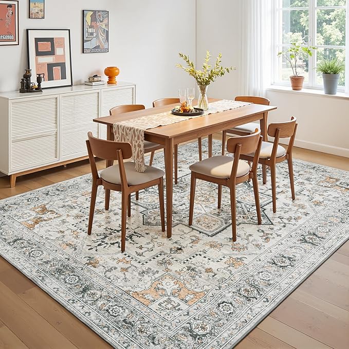 Lessymo 6x9 Area Rugs for Living Room, Washable Rug for Bedroom Dining Room, Soft Vintage Indoor Carpet Non Slip, Large Boho Rug Low Pile for Dorm Office Nursery Bedside Home Decor, Grey/Brown