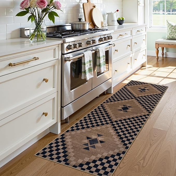 LIVEBOX Easy Jute Checkered Rug Runners for Hallways Non Slip, 2x5 Washable Rug for Kitchen Ultra Thin No Shed Jute Rugs Entryway Runner, Black and Beige Farmhouse Throw Carpet for Bathroom Laundry