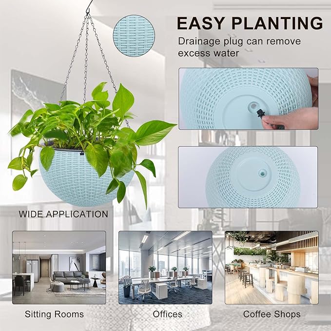 Vencer 11 Inch Round Resin Rattan Hanging Planters,Self Watering Hanging Basket for Indoor Outdoor Plants,Hanging Flower Pots with Drain Hole and Metal Chain,Water Indicator,Light Blue,VF-A15-B