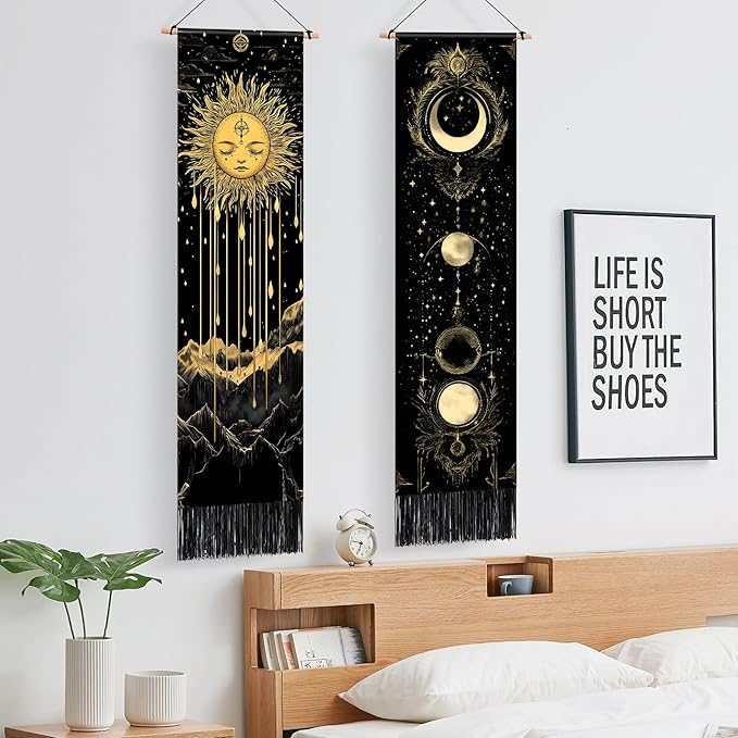 AOHMPT Pack of 2 Long Vertical Tapestry,Nature Landscape Tapestry with Serene Mountain River, Moon & Sun Motifs,Traditional Ink Painting Wall Art,Zen Aesthetic Wall Hanging for Living Room Bedroom Decor 13" W x 51" H"