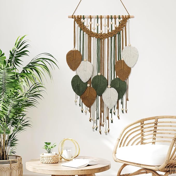 Weldomcor Macrame Wall Hanging Boho Leaf Woven Tapestry, Bohemian Chic Home Decor Modern Handmade Leaves Feather Wall Art Decorations for Bedroom Living Room Apartment Ornament 16.5" W X 31.5" L