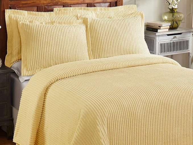 Better Trends Chenille Bedspreads Queen Size, Yellow 100% Cotton Chenille Stripe Design Tufted Bedding Coverlet Soft Lightweight, 102"x110" with 2 Sham 3 Pieces Set Jullian Collection
