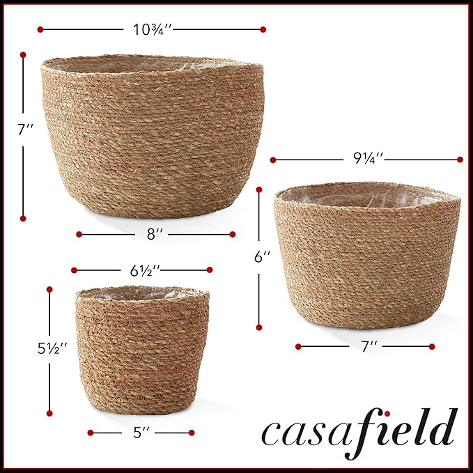 Casafield Set of 3 Seagrass Planter Baskets with Liners - Natural, Hand Woven Indoor Flower Pot Covers for Plants, Succulents, Home Decor