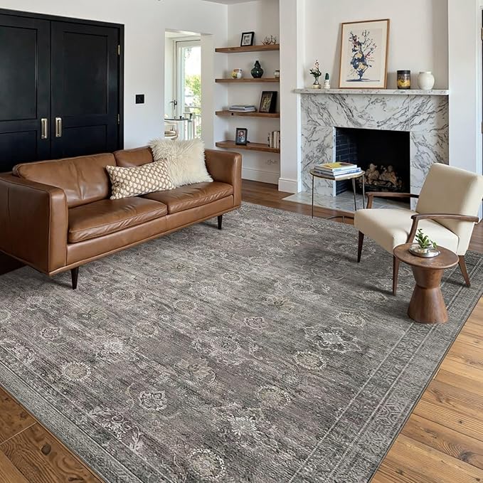 Area Rugs 5x7 for Living Room Bedroom, Grey Washable Rug, Vintage Retro Boho Rug, Non Slip & Low Pile Faux Wool Thin Carpet for Indoor Dining Room, Dorm and Kids Room(Taupe/Grey 5x7ft)
