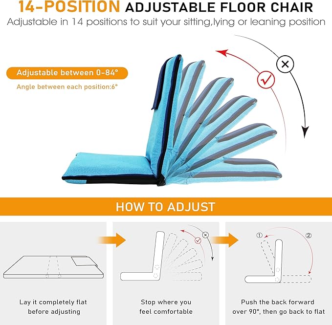 Floor Chair with Back Support 14-Position Adjustable Floor Chair Portable Ground Seating for Adults Foldable Meditation Seat with Japanese KOYO Bearings & Washable Linen Cover (Bright Blue)