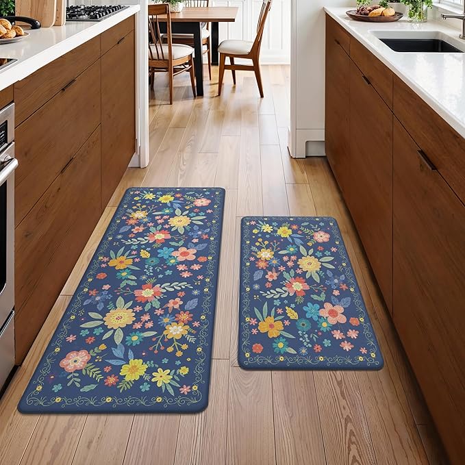 GENIMO Kitchen Mats for Floor 2PCS, Cushioned Kitchen Rugs Non Slip Washable, Farmhouse Anti Fatigue Mat Waterproof, Comfort Standing Mat Rug for Office, Home, Laundry, 17.3"x47"+17.3"x30", Navy