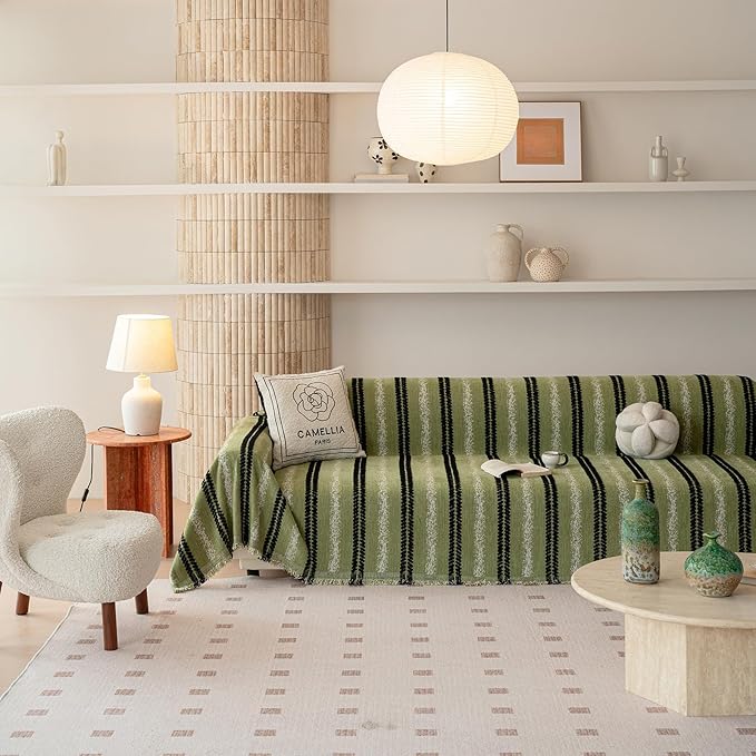 VClife Chenille Sofa Cover Bohemian Striped Pattern Couch Cover for Oversized Sofa - Sage Green Black Textured Sofa Slipcover Washable Furniture Protector for Couch Decorative Couch Cushion Cover