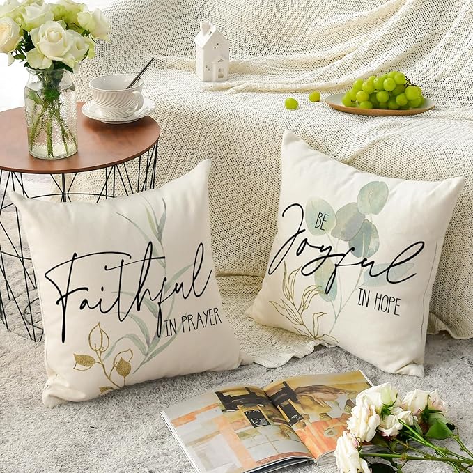 AVOIN colorlife Eucalyptus Leaves Throw Pillow Covers, 16 x 16 Inch Green Leaves Be A Light for All to See Spring Cushion Case Decoration for Sofa Couch Set of 4