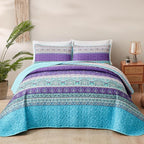Xruibed Boho Quilt Set Queen,Purple Teal Bohemian Quilt Coverlet 3PCs Soft Microfiber Lightweight Bedspread with 2 Pillowcases for All Season (Queen Size 90"x96")