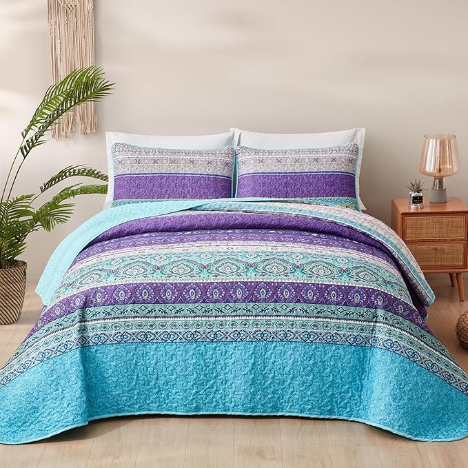 Xruibed Boho Quilt Set Queen,Purple Teal Bohemian Quilt Coverlet 3PCs Soft Microfiber Lightweight Bedspread with 2 Pillowcases for All Season (Queen Size 90"x96")