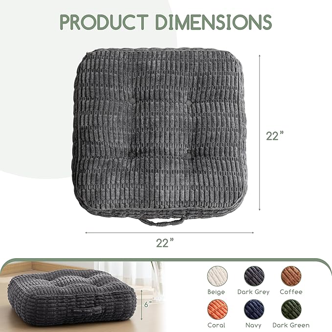 6" Washable Floor Pillow Cushion for Adults, Meditation Cushion Pillow, Removable Tufted Blended Corduroy Cover, Large Square Floor Sitting for Tatami Living Room or Yoga, 22x22 Inch, Machine Washable