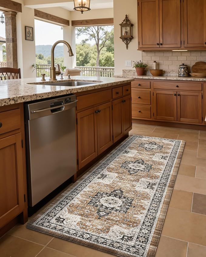 DEXI Kitchen Floor Mats Cushioned Anti Fatigue, 23x59 Rubber Wide Standing Comfort Runner Rug, Waterproof Retro Floral Memory Foam Padded for Front Sink Laundry, Black/Brown
