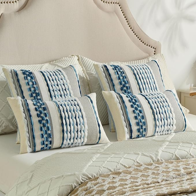FUTEI Blue Accent Throw Pillow Covers Set of 2, 20x20 Inch Plush Tufted Striped Textured Decorative Cushion Cases for Farmhouse Boho Couch Decor