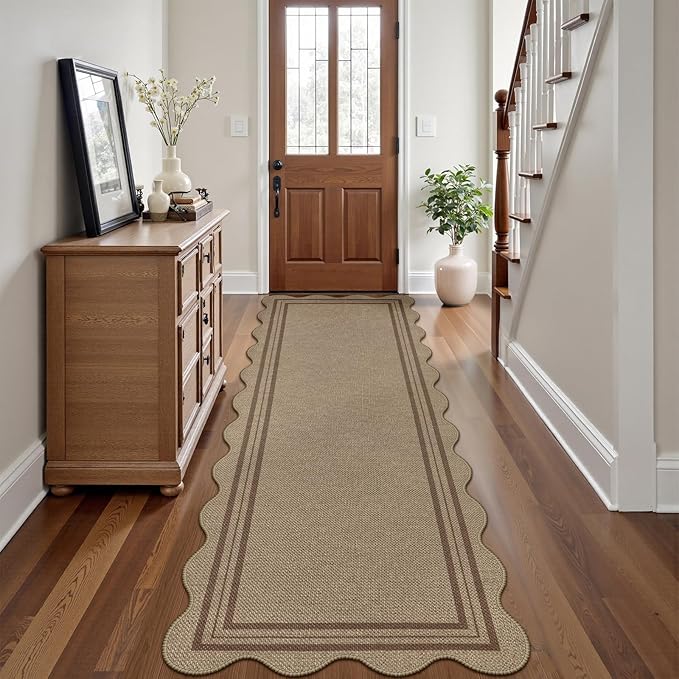 Scalloped Easy Jute Hallway Runner Rug, 2.6x8 Kitchen Non Slip Runner Washable Outdoor Indoor Long Rug, Farmhouse Morden Carpet for Porch Bedroom Laundry
